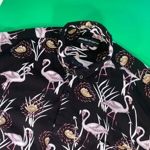 Molokai Surf Co.‎ XXL Mens Flamingo Floral Hawaiian Shirt Black Rayon. Flaw